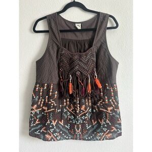 Boho Embroidered Tassel Blouse Top Anthropologie Akemi + Kin Womens Sz L Tribal